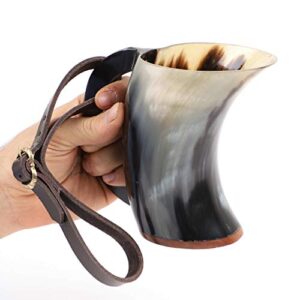 Mythrojan Hot Horn Mug Tankard with Leather Strap Safely Holds Hot and Cold Liquids Coffee Hot Chocolate Wine Beer Mead 300ML