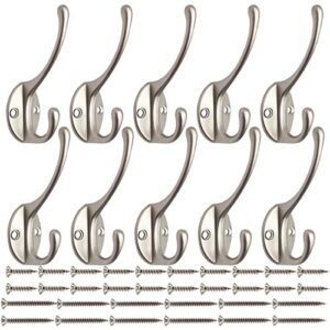 ibosins 10 pack heavy duty dual coat hooks wall mounted with 40 screws retro double hooks utility silvery hooks for coat, scarf, bag, towel, key, cap, cup, hat (silvery)