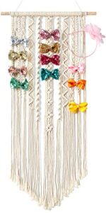 mkono macrame bow holder hanging hair bow organizer for girls hair bows,boho wall hair clips headband storage hanger for baby toddler girls room, ivory (clips and other props not included)