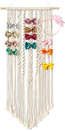 Mkono Macrame Bow Holder Hanging Hair Bow Organizer for Girls Hair Bows,Boho Wall Hair Clips Headband Storage Hanger for Baby Toddler Girls Room, Ivory (Clips and Other Props Not Included)