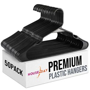 house day black plastic hangers 50 pack, plastic clothes hangers space saving, sturdy clothing notched hangers, heavy duty coat hangers for closet, laundry hangers for adult coat, suit, shirt, dress