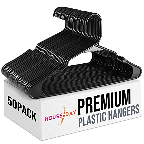 HOUSE DAY Black Plastic Hangers 50 Pack, Plastic Clothes Hangers Space Saving, Sturdy Clothing Notched Hangers, Heavy Duty Coat Hangers for Closet, Laundry Hangers for Adult Coat, Suit, Shirt, Dress