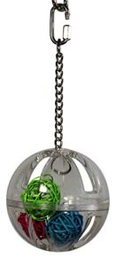 birds love 3" hanging clear foraging plastic perforated ball unscrews, put bird treats inside, comes w vine balls inside, bird cage medium to large bird toy