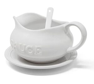 24 oz gravy boat, tray and ladle | ceramic white gravy dish with the word "sauce" on it