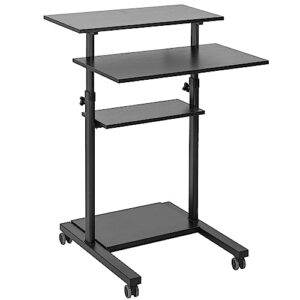 vivo mobile height adjustable table stand up desk with storage, computer workstation rolling presentation cart, black, cart-v02db