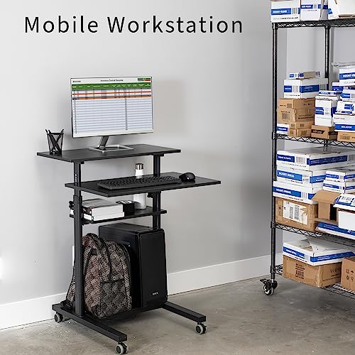 VIVO Mobile Height Adjustable Table Stand Up Desk with Storage, Computer Workstation Rolling Presentation Cart, Black, CART-V02DB