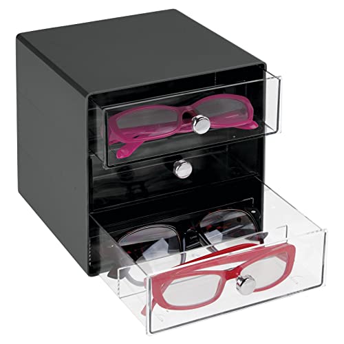 mDesign Stackable Plastic Eye Glass Storage Organizer Box Holder for Sunglasses, Reading Glasses, Lens Cleaning Cloths, and Accessories - 3 Divided Drawers, Chrome Pulls - Black/Clear