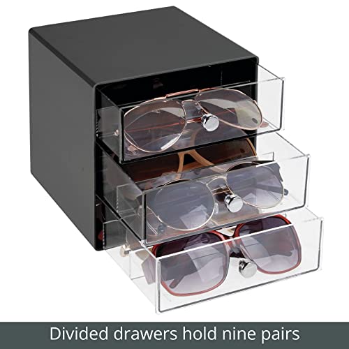 mDesign Stackable Plastic Eye Glass Storage Organizer Box Holder for Sunglasses, Reading Glasses, Lens Cleaning Cloths, and Accessories - 3 Divided Drawers, Chrome Pulls - Black/Clear