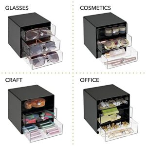 mDesign Stackable Plastic Eye Glass Storage Organizer Box Holder for Sunglasses, Reading Glasses, Lens Cleaning Cloths, and Accessories - 3 Divided Drawers, Chrome Pulls - Black/Clear