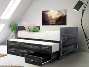 bedz king all in one twin bed with twin trundle and 3 built in drawers, weathered black