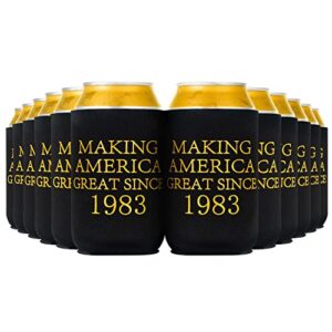 crisky 40th birthday beer sleeve, 40th birthday can cooler insulated covers, 40th birthday decorations black gold making great since 1983, neoprene coolers for soda, beer, can beverage, 24 pcs