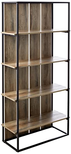 Walker Edison Evangeline Modern Farmhouse Metal and Wood 4 shelves Bookshelf, 64 Inch, Grey Wash