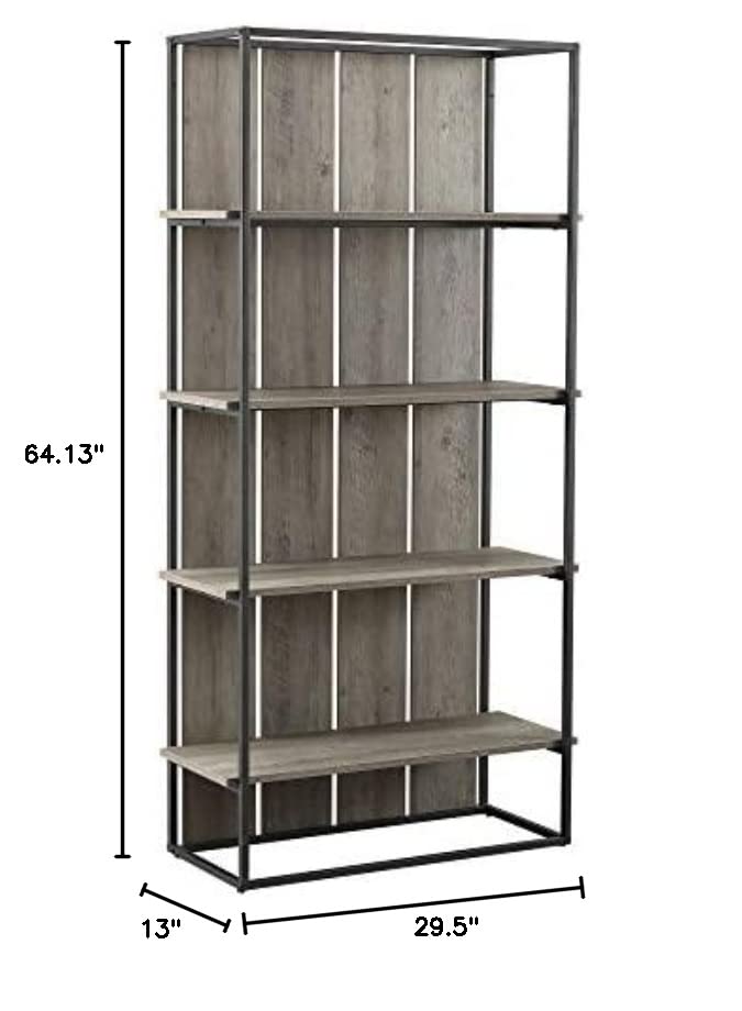 Walker Edison Evangeline Modern Farmhouse Metal and Wood 4 shelves Bookshelf, 64 Inch, Grey Wash