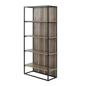 Walker Edison Evangeline Modern Farmhouse Metal and Wood 4 shelves Bookshelf, 64 Inch, Grey Wash