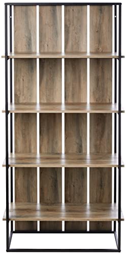 Walker Edison Evangeline Modern Farmhouse Metal and Wood 4 shelves Bookshelf, 64 Inch, Grey Wash