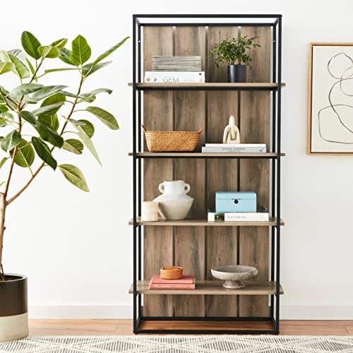 Walker Edison Evangeline Modern Farmhouse Metal and Wood 4 shelves Bookshelf, 64 Inch, Grey Wash