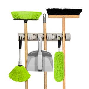 simplify compartments, mop, 5 position with 6 hooks holds up to 11 tools, solutions for broom holders, garage storage systems, wall mountable, white