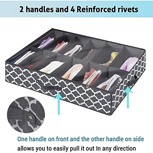 Under Bed Shoe Storage Organizer for Closet (2 Pack Fits 24 Pairs), Underbed Shoes Storage Solution with Clear Cover, for Sneakers, Clothes, Great Space Saver (Gray Lantern Pattern)