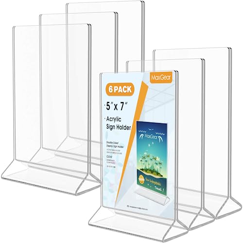 MaxGear Acrylic Sign Holder 5x7 Inches-Clear Table Card Display-Table Menu Plastic Display Stand - Double Sided Ad Picture Frame for Office, Home, Store, Restaurant, 6 Pack