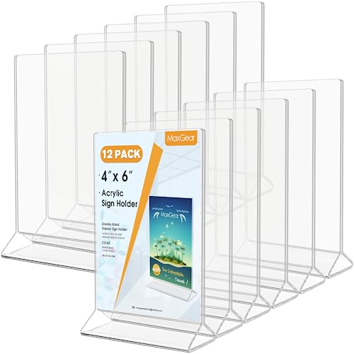 MaxGear Acrylic Sign Holder-Table Card Display-4x6 Inches Clear Sign Holder-Plastic Table Menu Stand-Double Sided Ad Picture Frame for Office, Home, Store, Restaurant, 12 Pack