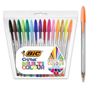 bic cristal multicolour ballpoint pens with wide tip (1.6mm) pens for colourful writing in assorted colours, pack of 15
