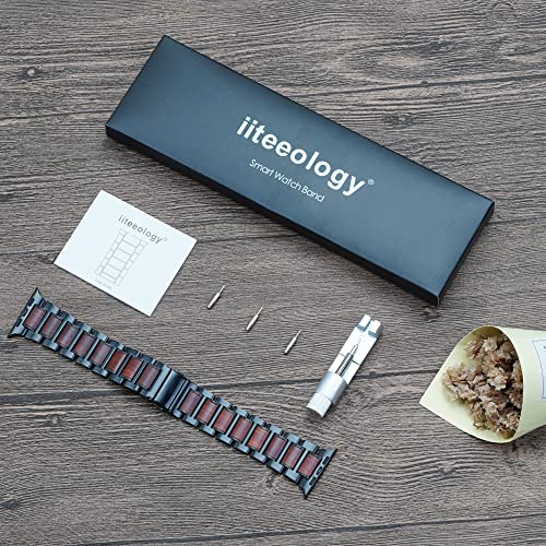 iiteeology Compatible with Apple Watch Band 49mm 45mm 44mm 42mm, Natural Wooden Stainless Steel Link Bracelet Strap for Apple Watch Ultra & SE Series 8 7 6 Series 5 4 3 2 1 - Black