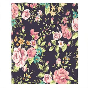 moslion soft cozy throw blanket lush flowers and leaf floral paisley black pink fuzzy warm couch/bed blanket for adult/youth polyester 30 x 40 inches(home/travel/camping applicable)