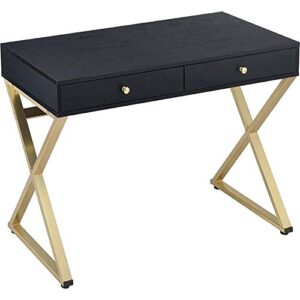 benjara wooden sleek desk with x shape metal legs, black and gold