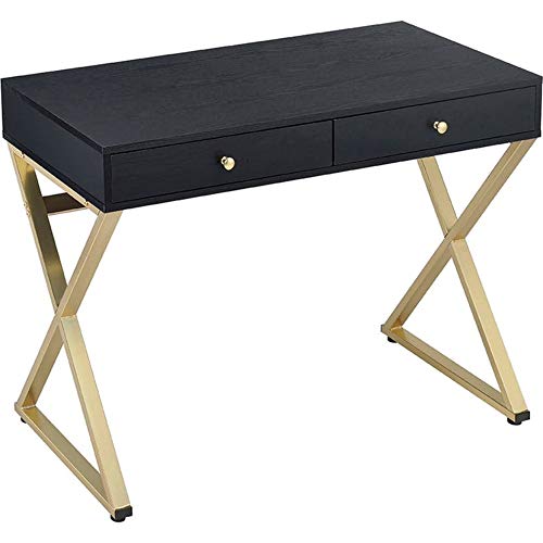 Benjara Wooden Sleek Desk With X Shape Metal Legs, Black And Gold