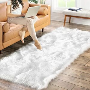 premium faux sheepskin fur rug white - large white shag rug - best extra long shag pile carpet for bedroom floor sofa - soft fur area rug (2.3x5, white)