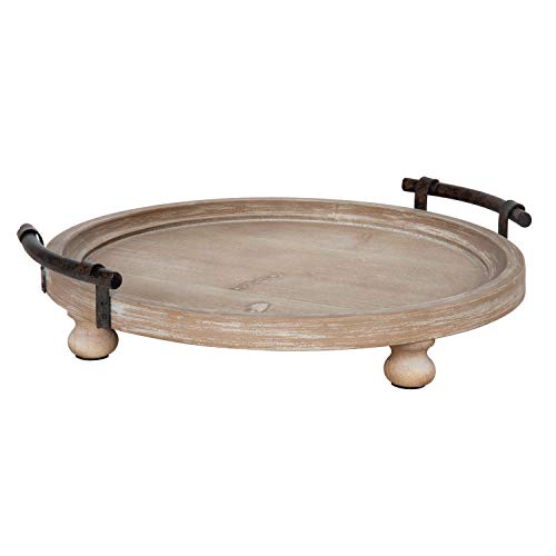 Kate and Laurel Bruillet Round Wooden Footed Tray with Handles, 15 inch Diameter, Rustic Finish