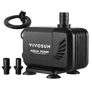 vivosun 400gph submersible pump(1500l/h, 15w), ultra quiet water pump with 5.3ft high lift, fountain pump with 5ft power cord, 2 nozzles for fish tank, pond, aquarium, statuary, hydroponics