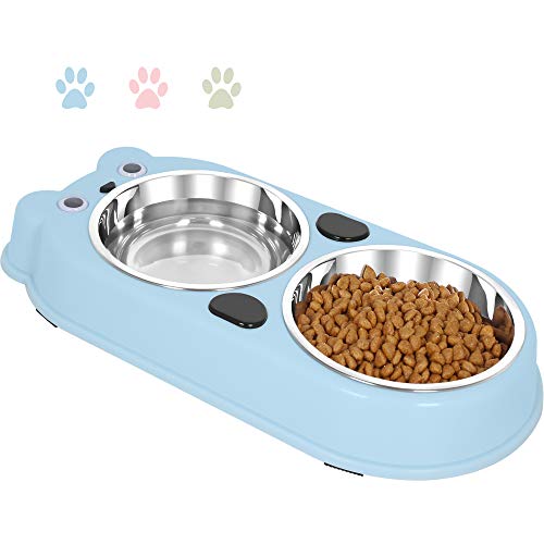 UPSKY Double Dog Cat Bowls Double Premium Stainless Steel Pet Bowls with Cute Modeling Pet Food Water Feeder (Blue)