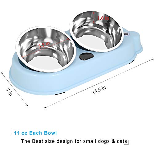 UPSKY Double Dog Cat Bowls Double Premium Stainless Steel Pet Bowls with Cute Modeling Pet Food Water Feeder (Blue)