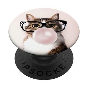 fun cat chewing bubblegum and blowing a bubble popsockets popgrip: swappable grip for phones & tablets