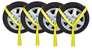 mytee products (4 pack 2" x12' winch lasso strap with o ring, yellow - car tie down tire straps for trailers auto tow car hauler wheel net