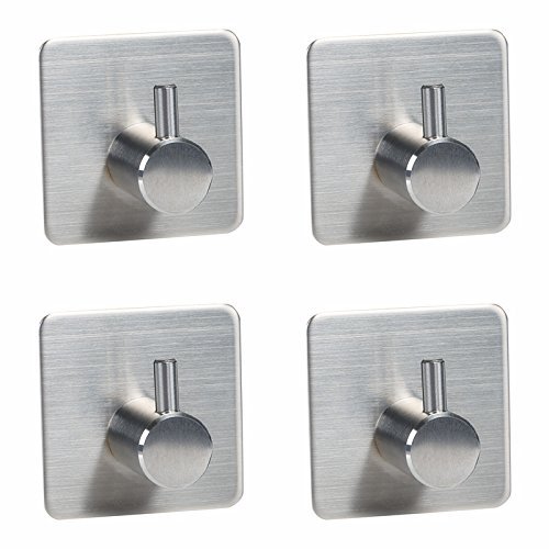 Towel Hook Self Adhesive SUS 304 Stainless Steel Brushed Nickel Bathroom Kitchen Robe Organizer (4-Pack)