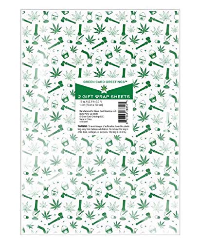 Green Card Greetings Gift Wrapping Paper Sheet, hemp theme, pipe, edibles pattern, 2 sheets - 7.5 sq. ft ea