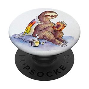 nerd sloth reading book coffee gift for sloth & book lovers popsockets popgrip: swappable grip for phones & tablets