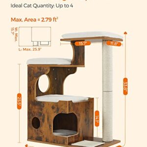 FEANDREA 33.9-Inch Cat Tower, Medium Cat Tree with 3 Beds and Cave, Cat Condo Made of MDF with Wood Veneer, Sisal Post and Washable Faux Fur, Vintage, Rustic Brown and White UPCT70HW