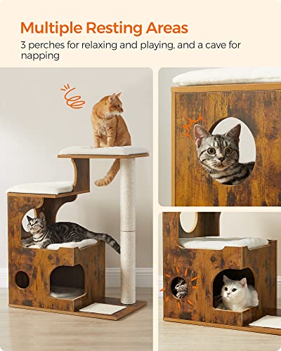 FEANDREA 33.9-Inch Cat Tower, Medium Cat Tree with 3 Beds and Cave, Cat Condo Made of MDF with Wood Veneer, Sisal Post and Washable Faux Fur, Vintage, Rustic Brown and White UPCT70HW