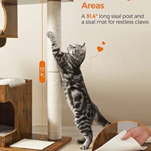 FEANDREA 33.9-Inch Cat Tower, Medium Cat Tree with 3 Beds and Cave, Cat Condo Made of MDF with Wood Veneer, Sisal Post and Washable Faux Fur, Vintage, Rustic Brown and White UPCT70HW