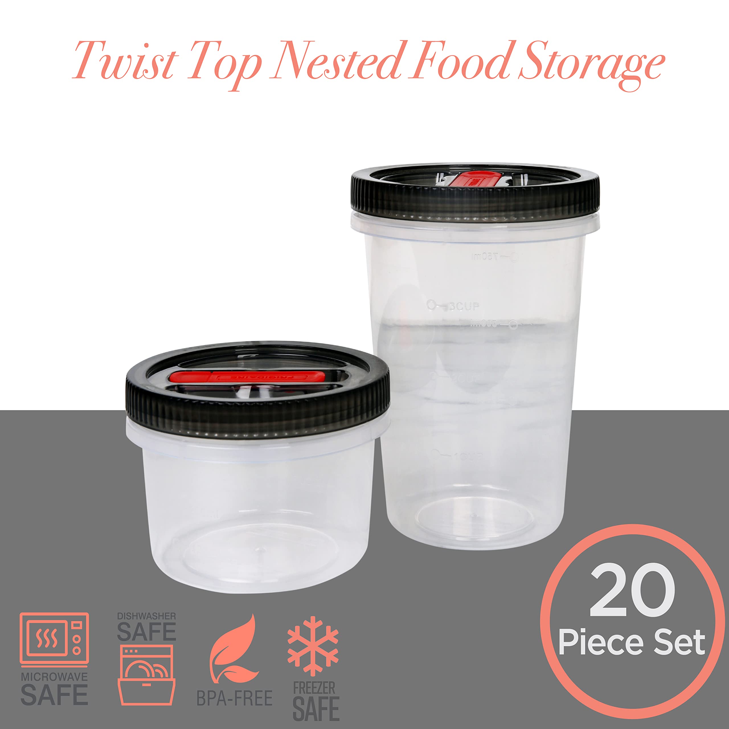 Kitchen Details 10 Piece Food Storage Container Set | 6-16oz & 4-32oz | Screw Top Airtight Lid | Air Vent | BPA Free | Canister | Dishwasher and Freezer Safe | Clear & Grey