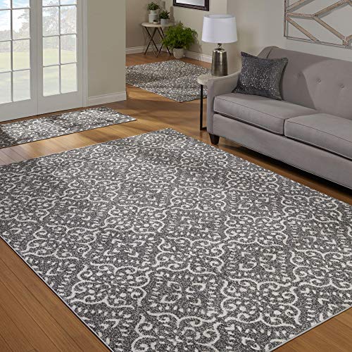 Gertmenian Area Rug 3 Piece Sets Non-Shedding Soft Modern Contemporary Carpet pc Living Room Dining Entryway Bedroom Runner Rugs Gift Set, 2x6 5x7 8x10 Large, Brown Abstract Floral, 81741