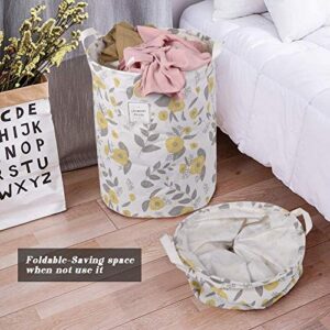 UUJOLY Collapsible Laundry Basket, Laundry Hamper with Handles Waterproof Round Cotton Linen Laundry Hamper Printing Household Organizer Basket, 19.7x15.7 inches, Yellow