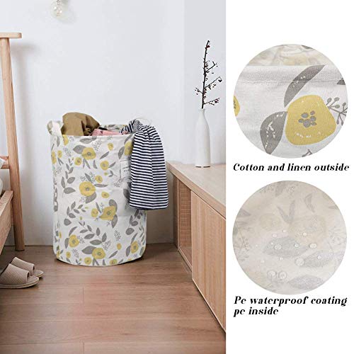 UUJOLY Collapsible Laundry Basket, Laundry Hamper with Handles Waterproof Round Cotton Linen Laundry Hamper Printing Household Organizer Basket, 19.7x15.7 inches, Yellow