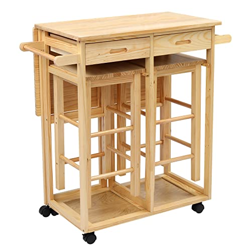 FCH Drop Leaf Table with 2 Square Stools and 2 Drawers Solid Wood Kitchen Table and Chair Set Island Cart Trolly Breakfast Bar