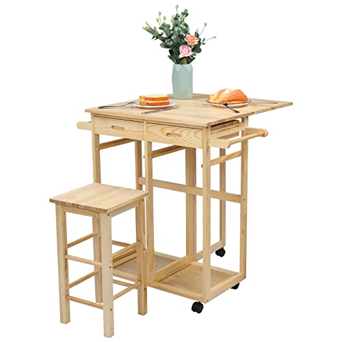 FCH Drop Leaf Table with 2 Square Stools and 2 Drawers Solid Wood Kitchen Table and Chair Set Island Cart Trolly Breakfast Bar