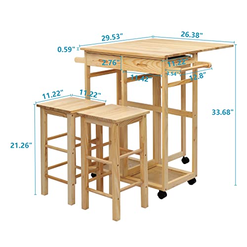 FCH Drop Leaf Table with 2 Square Stools and 2 Drawers Solid Wood Kitchen Table and Chair Set Island Cart Trolly Breakfast Bar