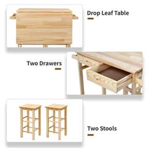 FCH Drop Leaf Table with 2 Square Stools and 2 Drawers Solid Wood Kitchen Table and Chair Set Island Cart Trolly Breakfast Bar